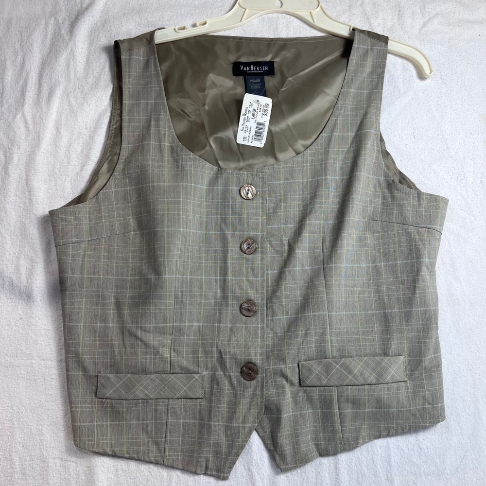 Van Heusen Womens Khaki Plaid Button Front Waistcoat Vest Large NWT